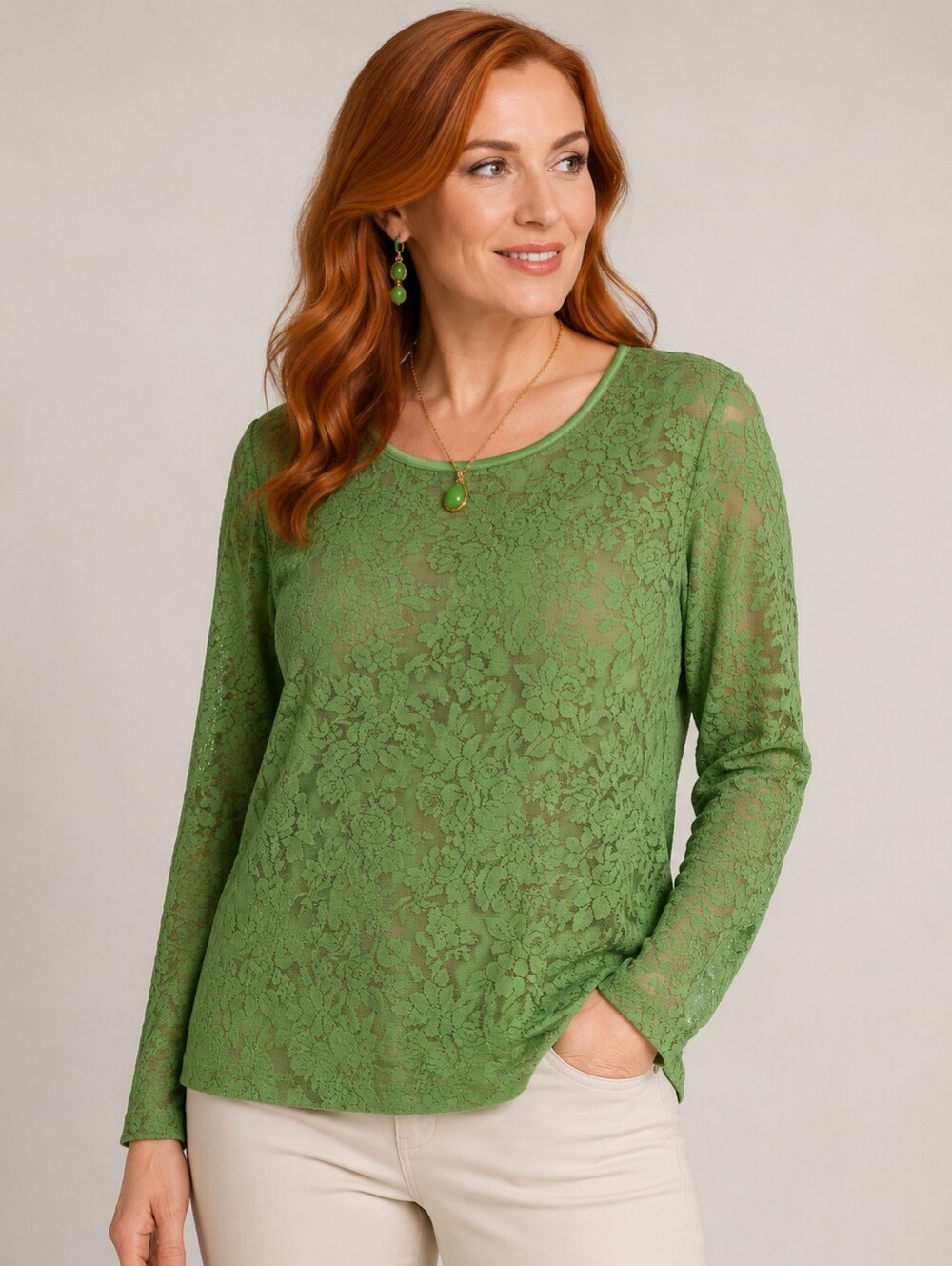 Sag Harbor Green Sheer Floral Lace  Long Sleeve Blouse Size 1X